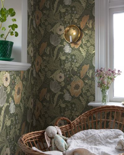 Grön, Orange tapet med Blommigt, Blad, Stormönstrat mönster