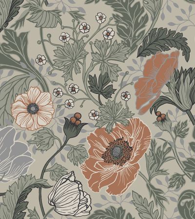 Grön, Beige tapet med Blommigt, Stormönstrat mönster