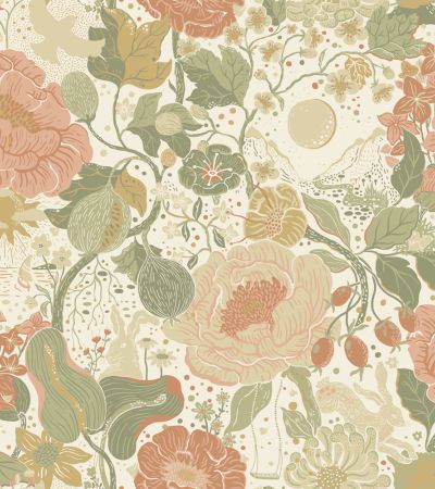 Multifärgat, Rosa tapet med Barn, Blommigt, , Fåglar mönster