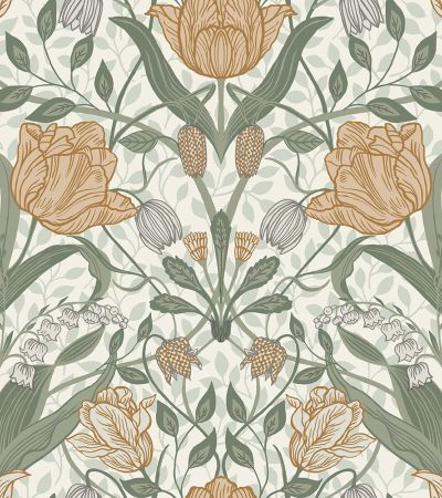 Gul, Grön tapet med Blommigt, , Stormönstrat mönster