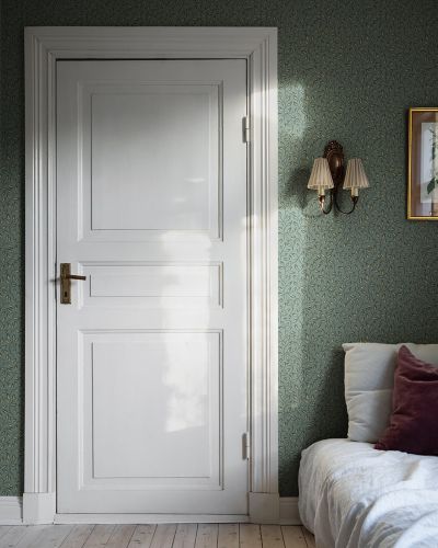 Grön, Silver tapet med Blad, , Småmönstrat mönster