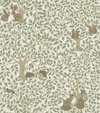Grön, Beige tapet med Blad, Barn, , Skog, Djur mönster