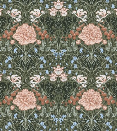 Grön tapet med , Blommigt, Stormönstrat mönster