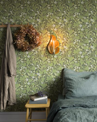 Grön tapet med Blommigt, Blad, Stormönstrat, Frukt mönster