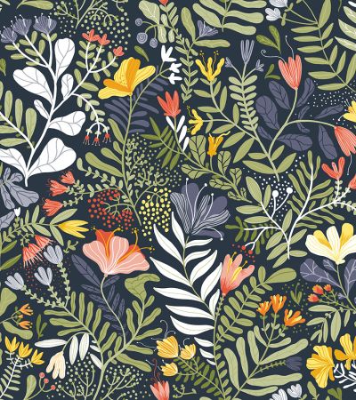 Multifärgat, Blå, Grön tapet med , Blommigt, Stormönstrat mönster