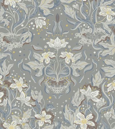 Blå, Grå tapet med Blommigt, Medaljong mönster