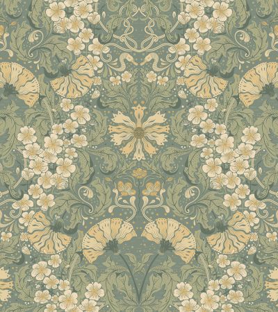 Grön tapet med Blad, Blommigt,  mönster